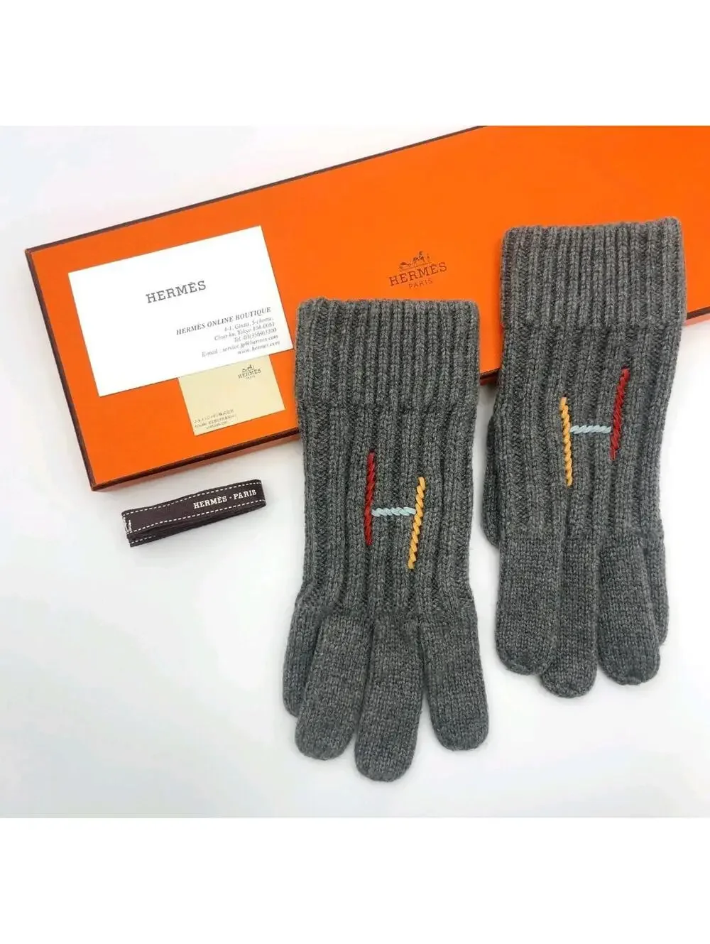 Hermes Braided Leather H Logo Knit Gloves S Size Cashmere / Silk With Box Small